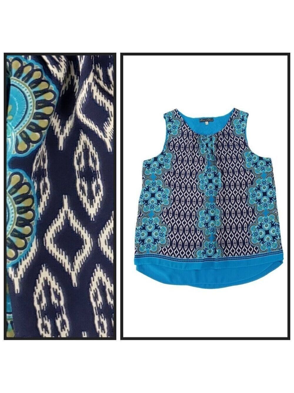 Rose & Olive XL Blue Boho Sleeveless Blouse Geometric Print